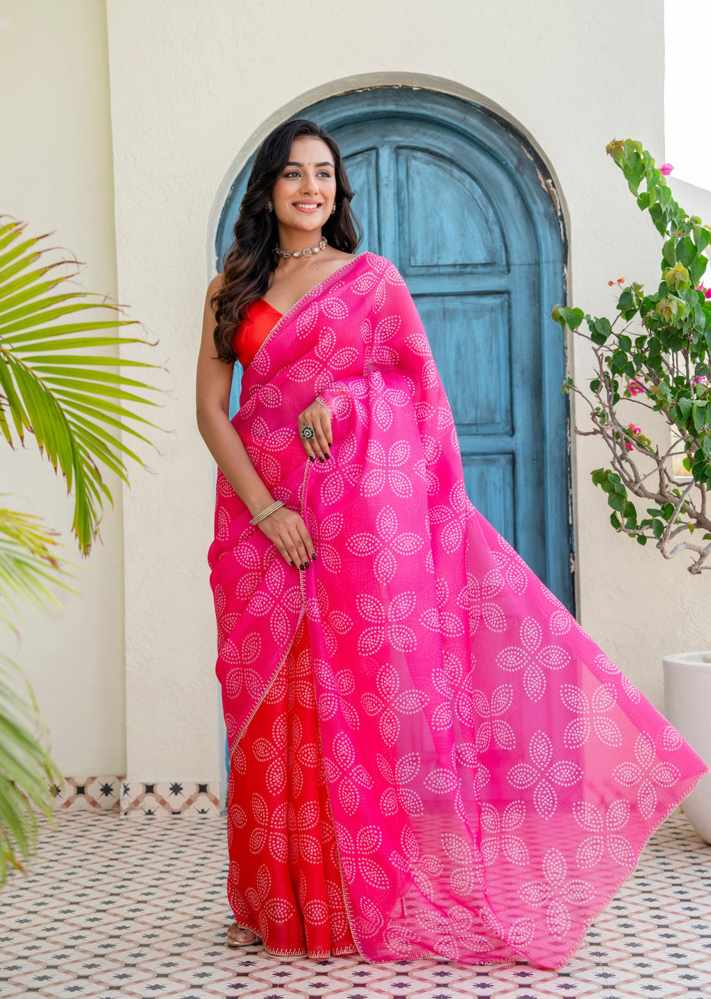 Rani Pink Kota Silk Saree Draped Look - Bandhani Print Detail