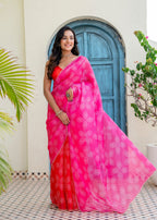 Rani Pink Kota Silk Saree Draped Look - Bandhani Print Detail