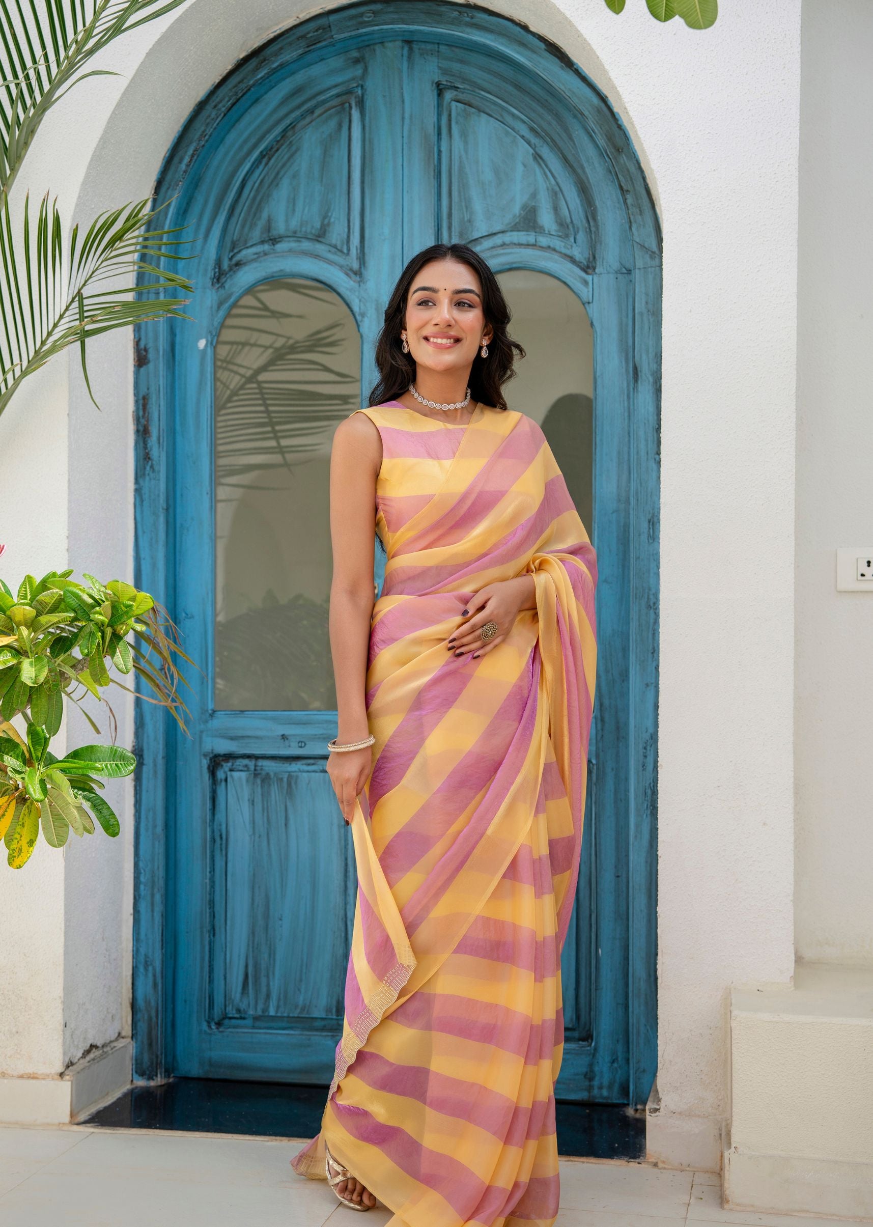 Pink Organza Saree Draped Pose - Golden Yellow Stripes Detail