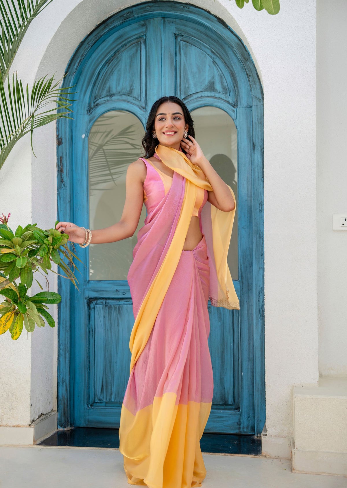 Pink Organza Saree Outdoor Styled Pose - Party Wear Saree