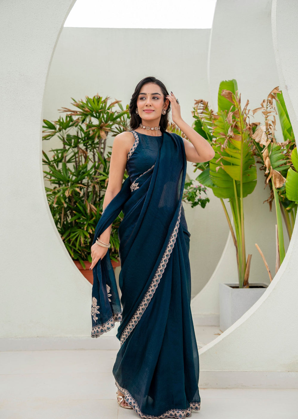 Navy Blue Italian Silk Saree Draped Pose - Festive Wear Saree