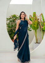 Navy Blue Italian Silk Saree Draped Pose - Festive Wear Saree