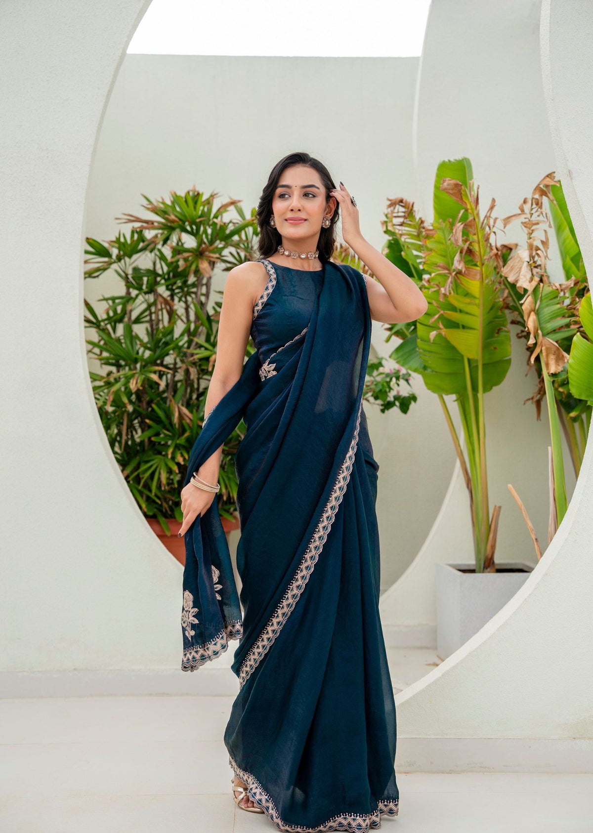 Navy Blue Italian Silk Saree Draped Pose - Festive Wear Saree