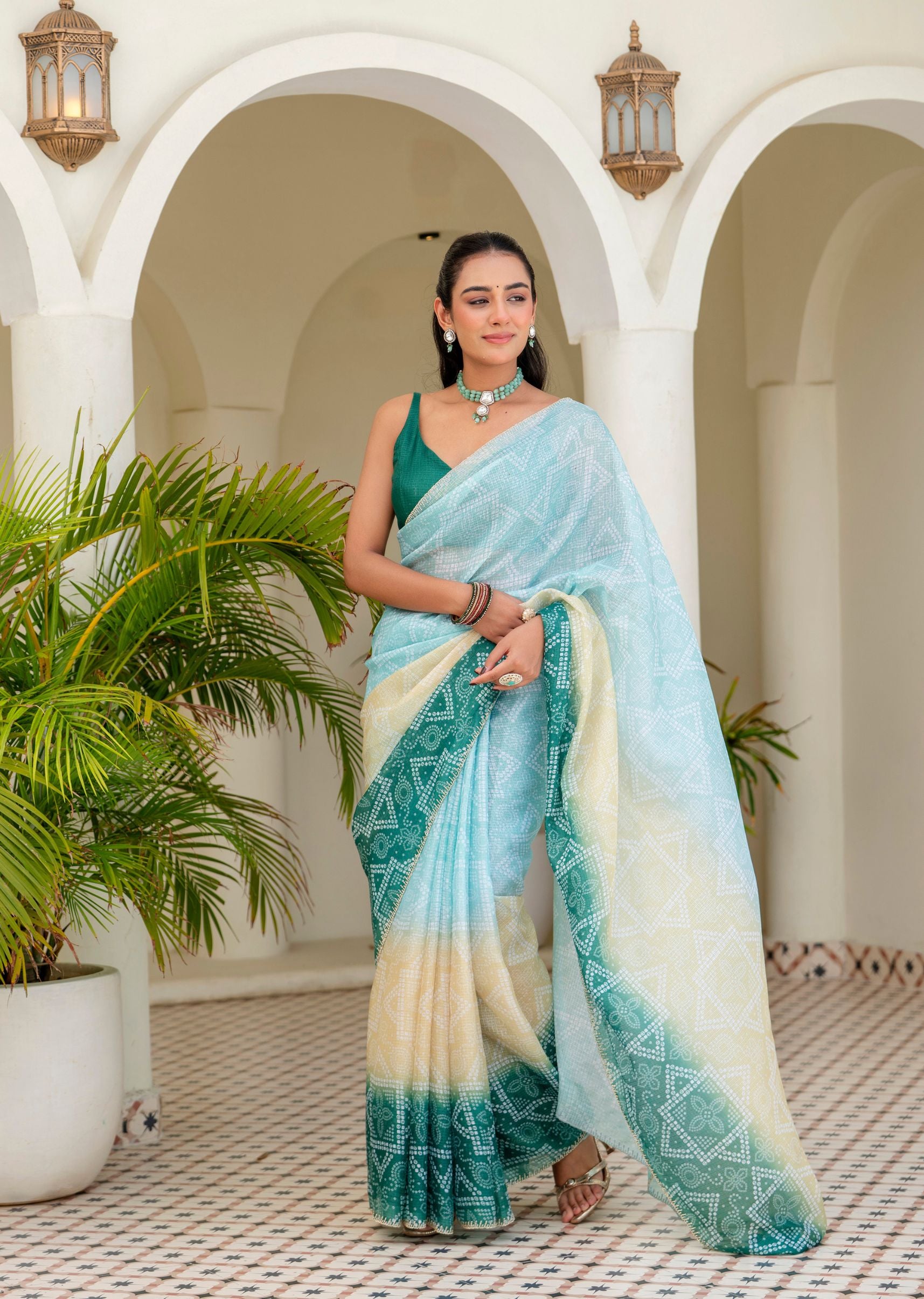 Teal Green Kota Silk Saree Outdoor Look - Party Wear Saree

