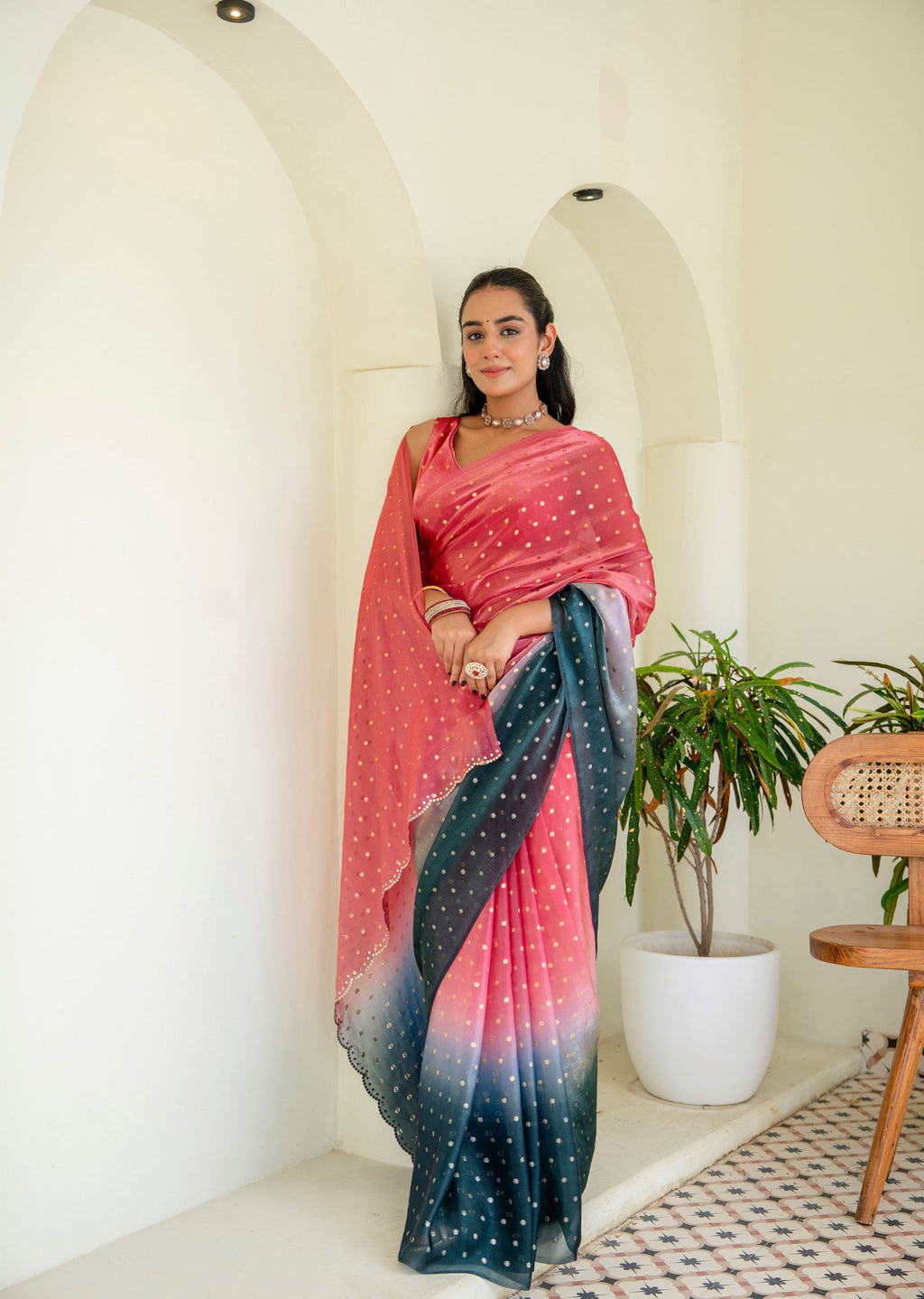 Coral Pink Organza Silk Saree Outdoor Standing Look - Festive Wear Saree