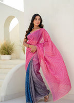 Pink Blue Kota Silk Saree With Bandhani Dots And Stone Border - Front Look | Buy Online Ethnic9