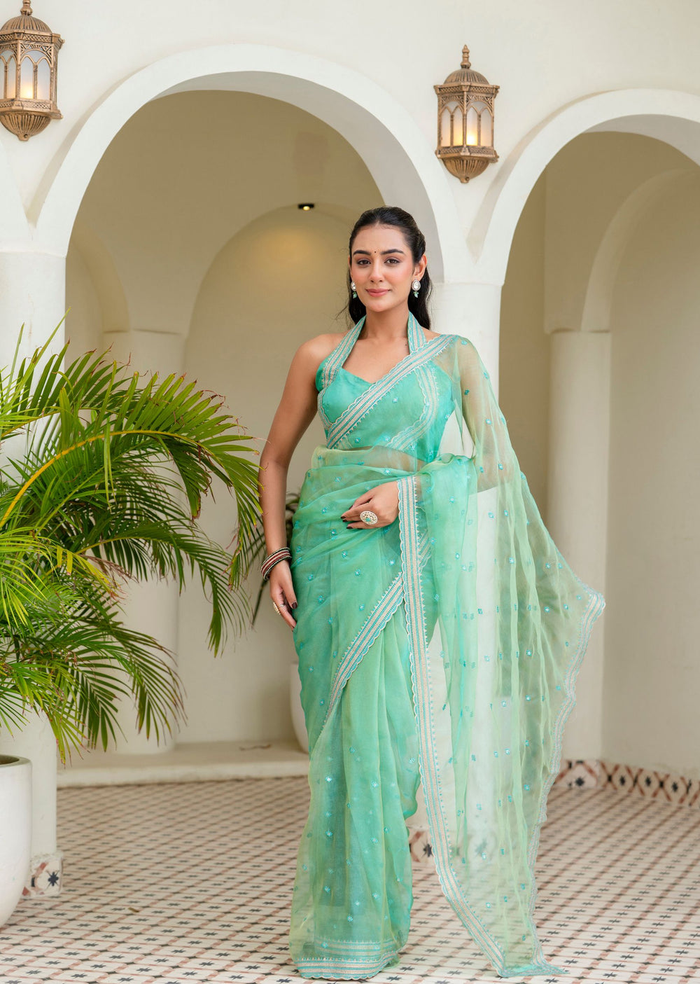 Firozi Tissue Silk Saree Draped Look - Zari Border Detail