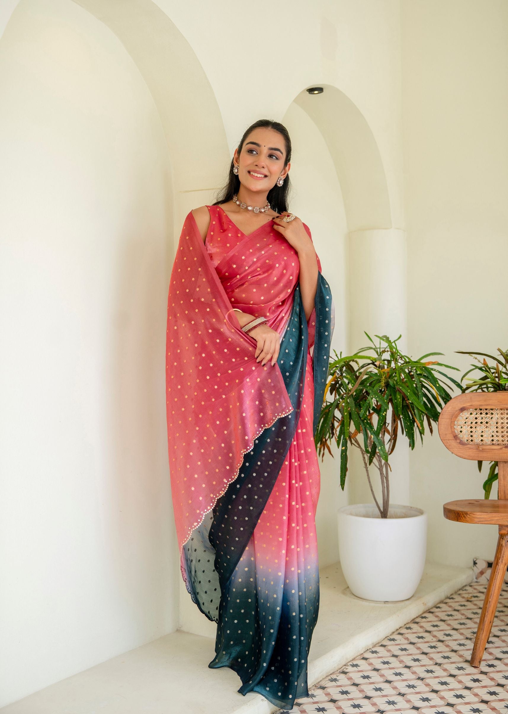 Coral Pink Organza Silk Saree Draped Pose - Party Wear Saree
