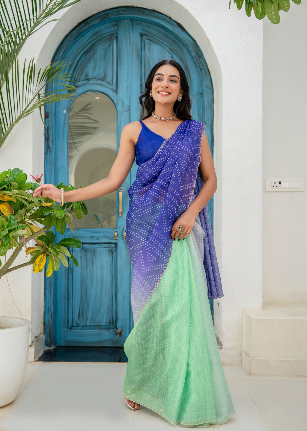Royal Blue Green Kota Silk Saree Outdoor Styled Look - Festive Wear Saree