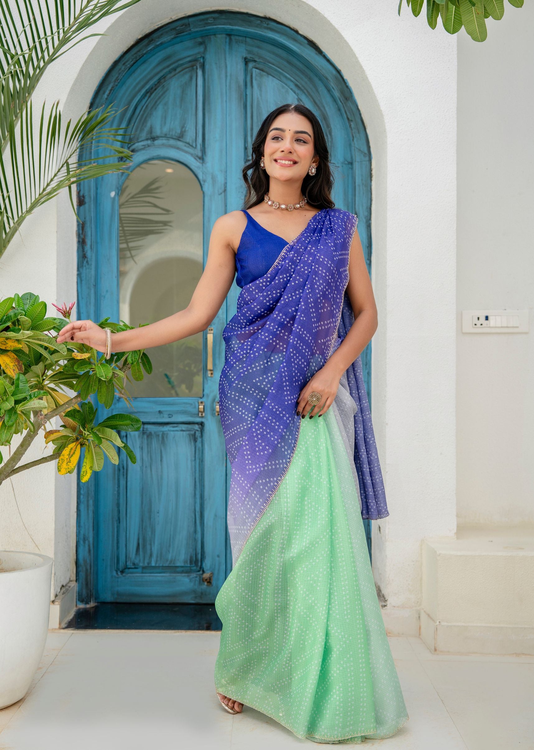 Royal Blue Green Kota Silk Saree Outdoor Styled Look - Festive Wear Saree