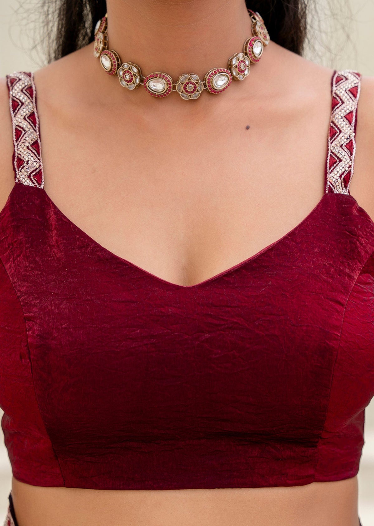 Purple Italian Silk Saree Blouse Close Up - Embroidery Design