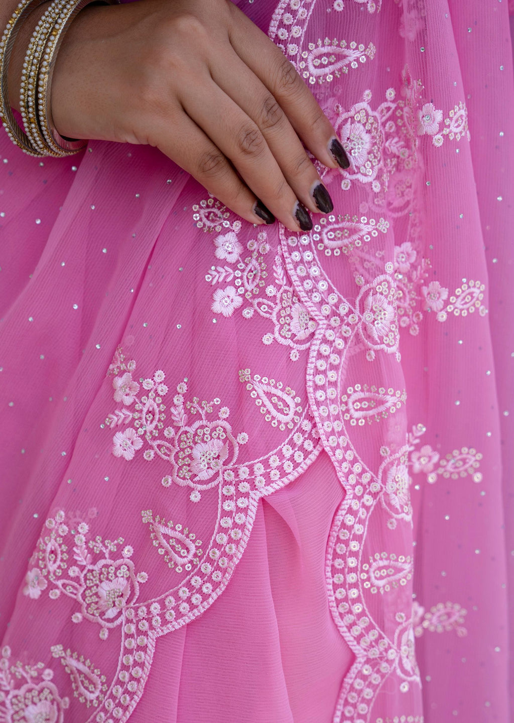 Baby Pink Chiffon Saree Blouse Close Up - Stone Work Design