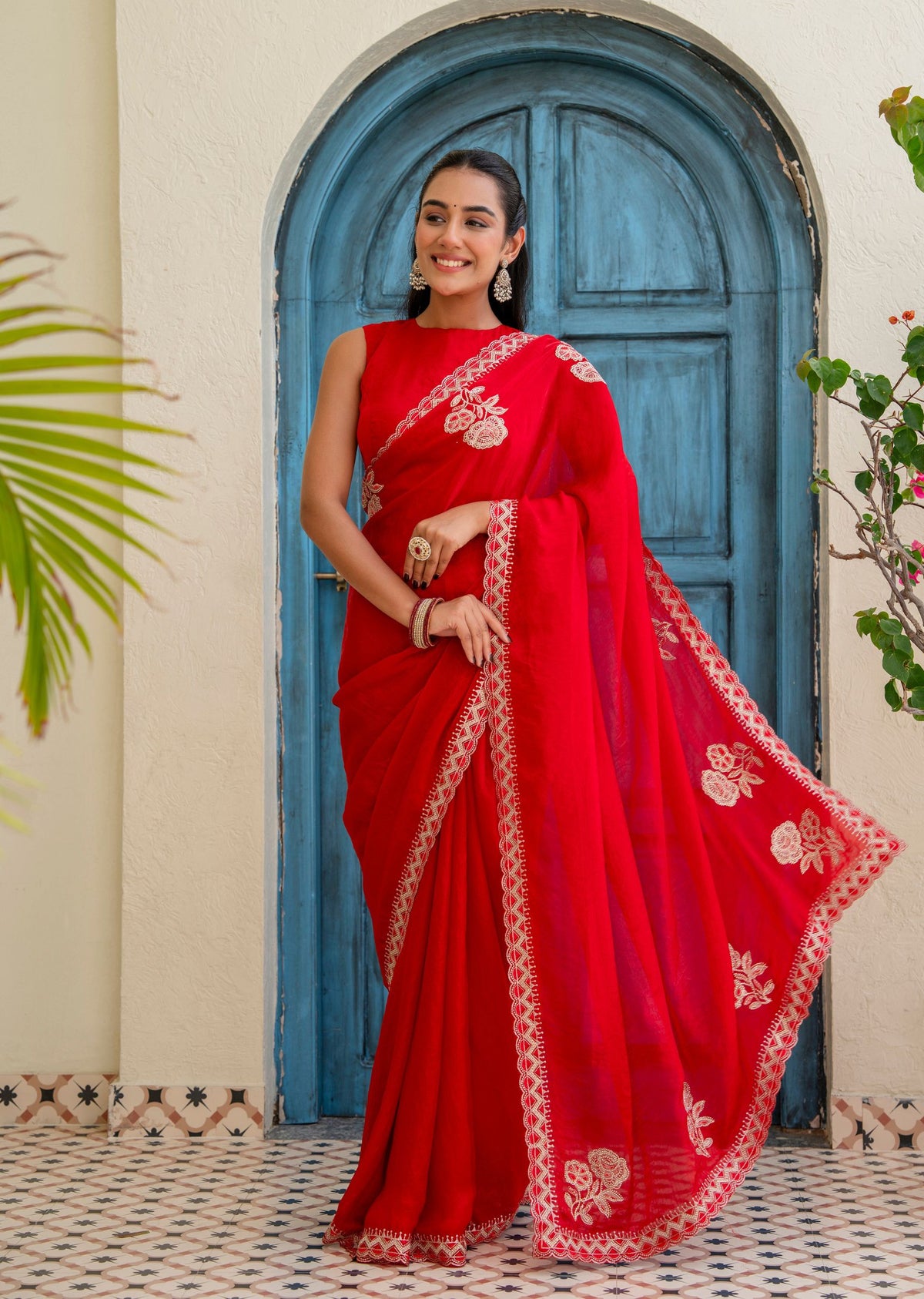 Red Italian Silk Saree With Embroidery And Stone Work - Front Look | Buy Online Ethnic9