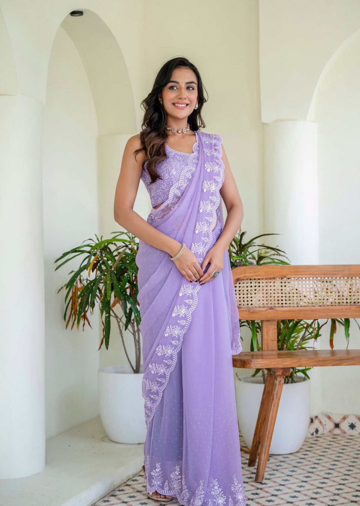 Purple Chiffon Saree With Embroidery And Stone Work - Front Look | Buy Online Ethnic9