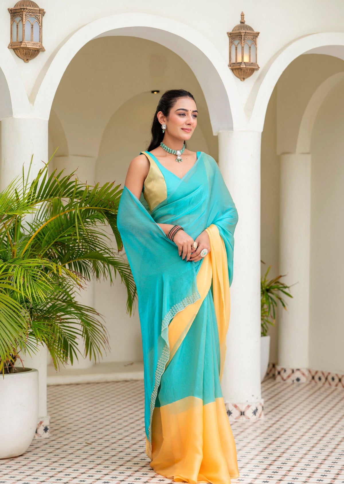 Sky Blue Organza Saree Front Pose - Party Wear Saree