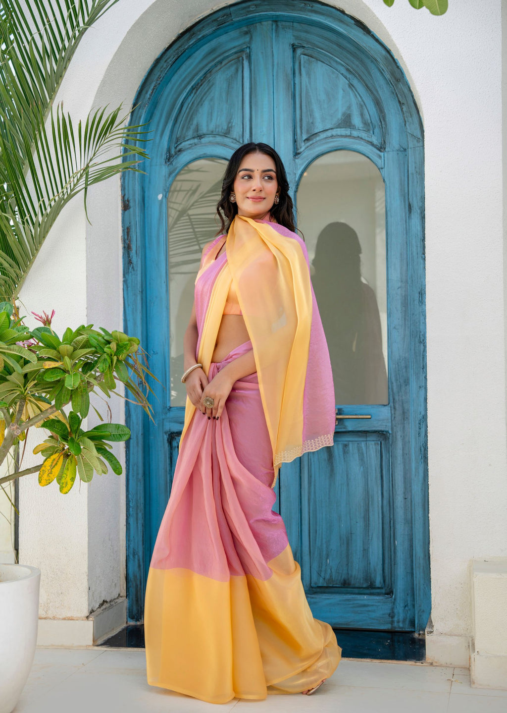 Pink Organza Saree Standing Look - Festive Wear Saree
