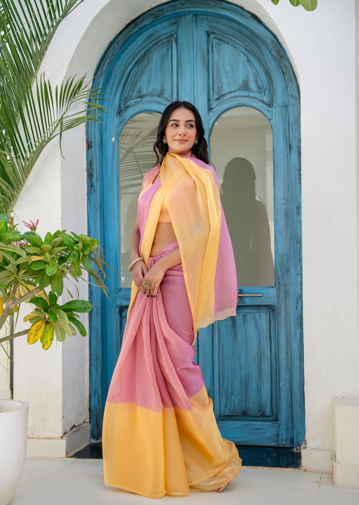 Pink Organza Saree Standing Look - Festive Wear Saree