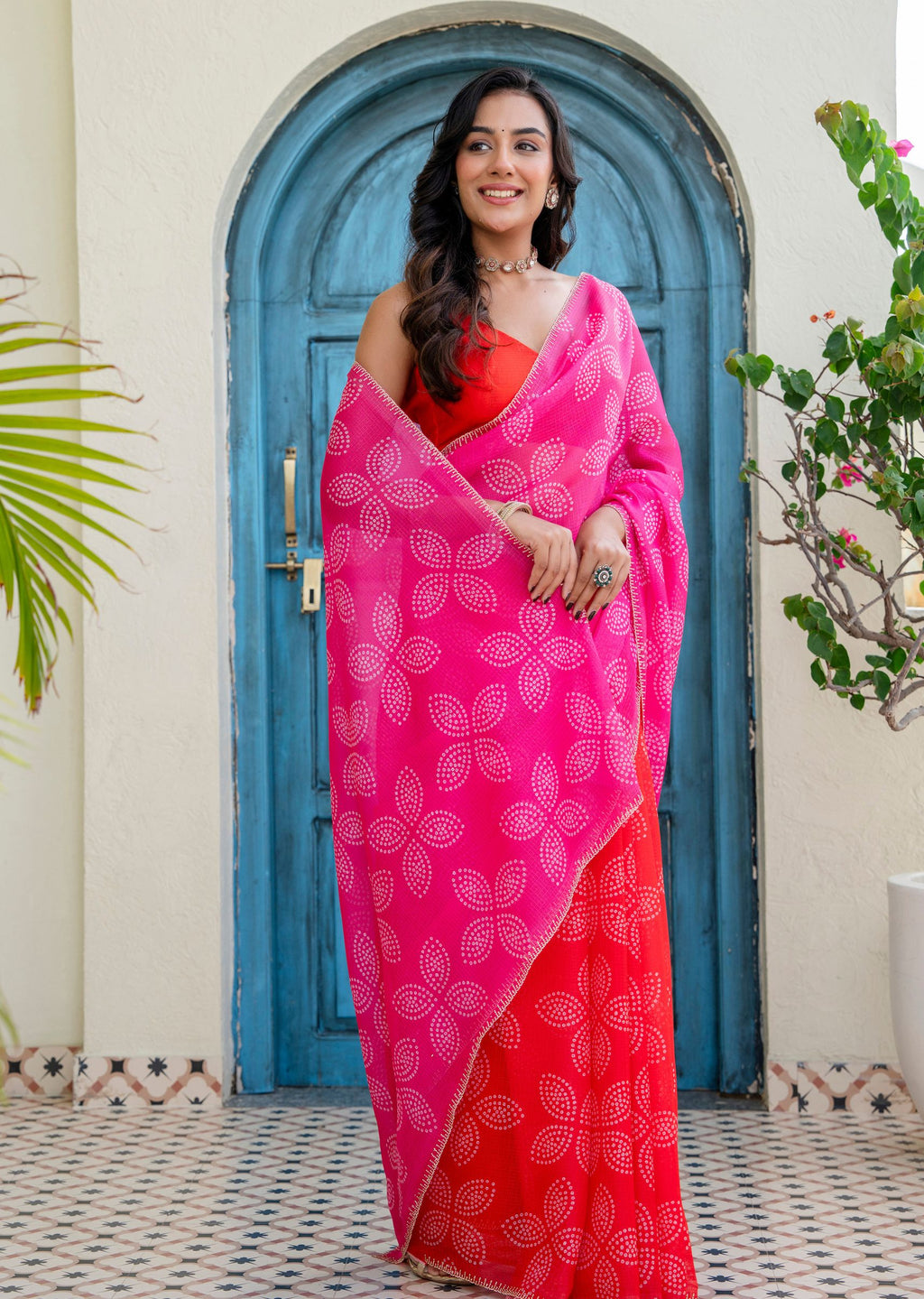 Rani Pink Kota Silk Saree Standing Pose - Festive Wear Saree