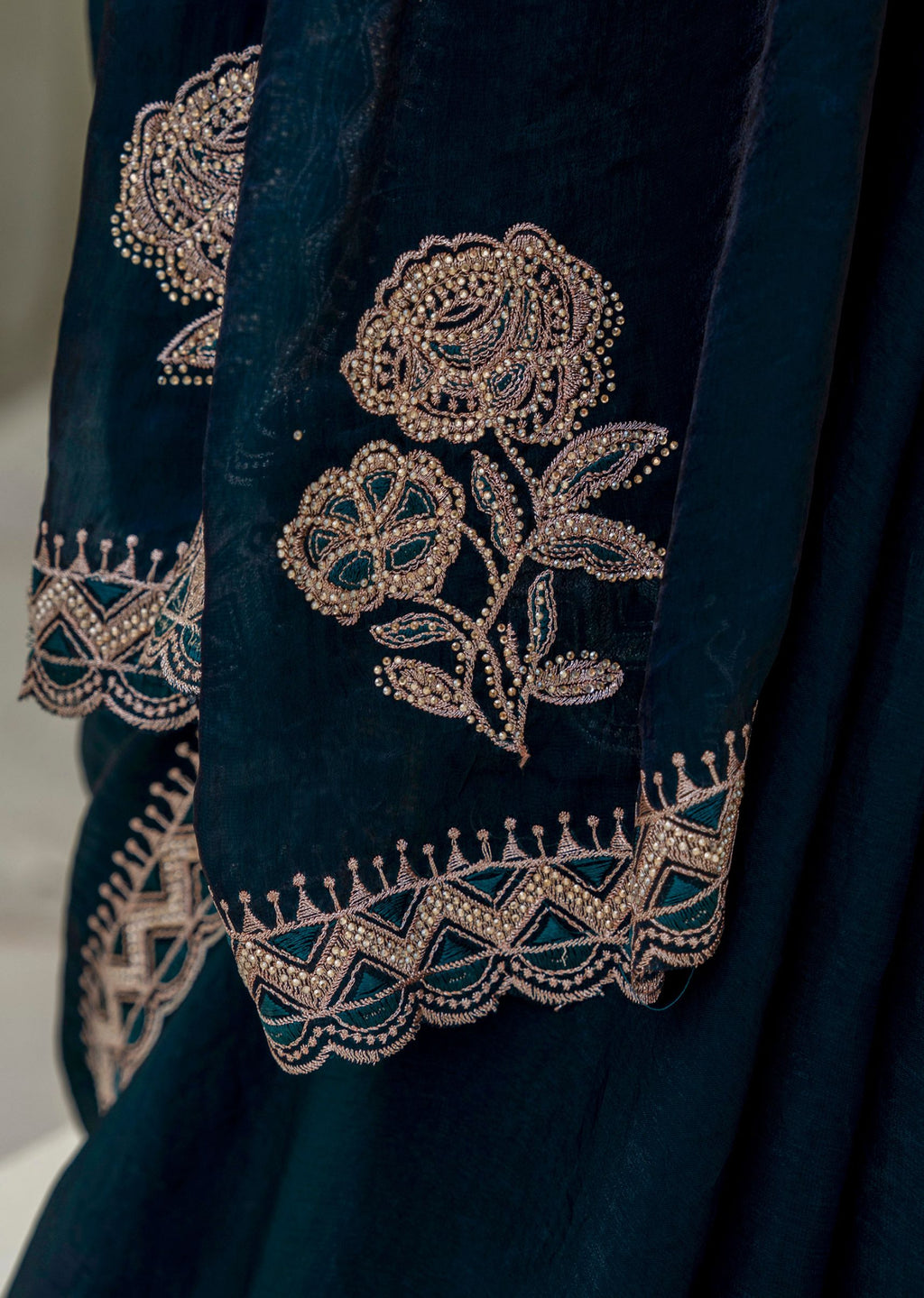 Navy Blue Italian Silk Saree Pallu Close Up - Stone Work Detail