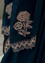 Navy Blue Italian Silk Saree Pallu Close Up - Stone Work Detail