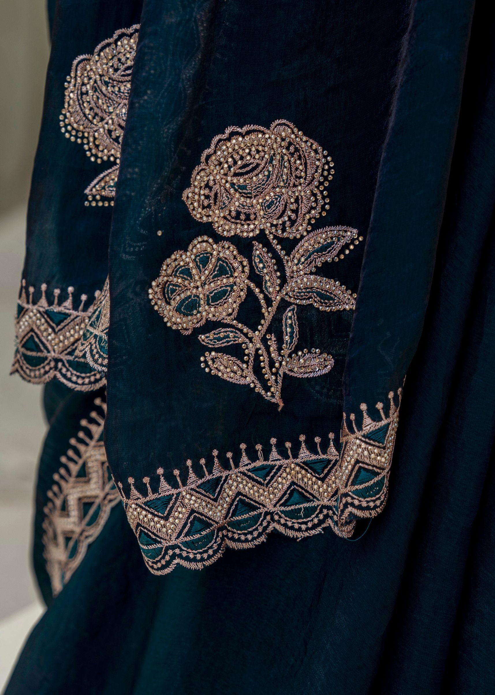 Navy Blue Italian Silk Saree Pallu Close Up - Stone Work Detail