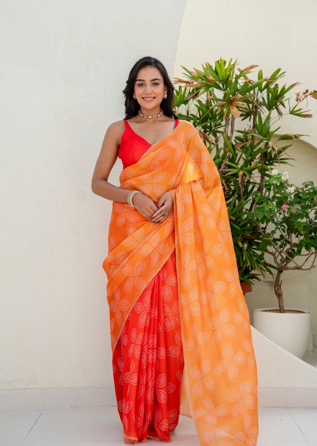 Orange Kota Silk Saree With Bandhani Print - Front Look | Buy Online Ethnic9