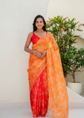 Orange Kota Silk Saree With Bandhani Print - Front Look | Buy Online Ethnic9