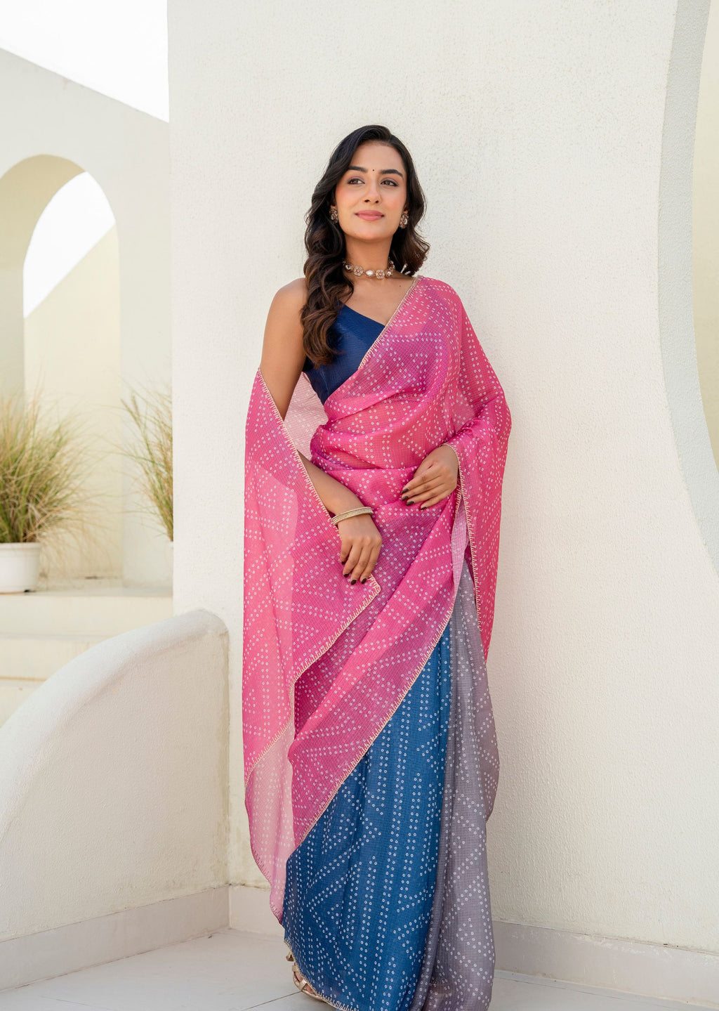 Pink Blue Kota Silk Saree Outdoor Styled Look - Festive Wear Saree