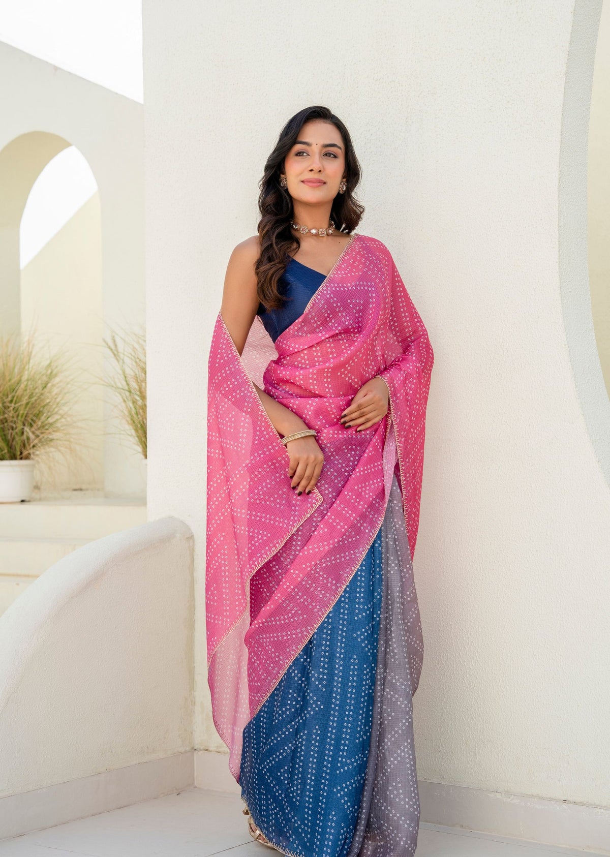 Pink Blue Kota Silk Saree Outdoor Styled Look - Festive Wear Saree
