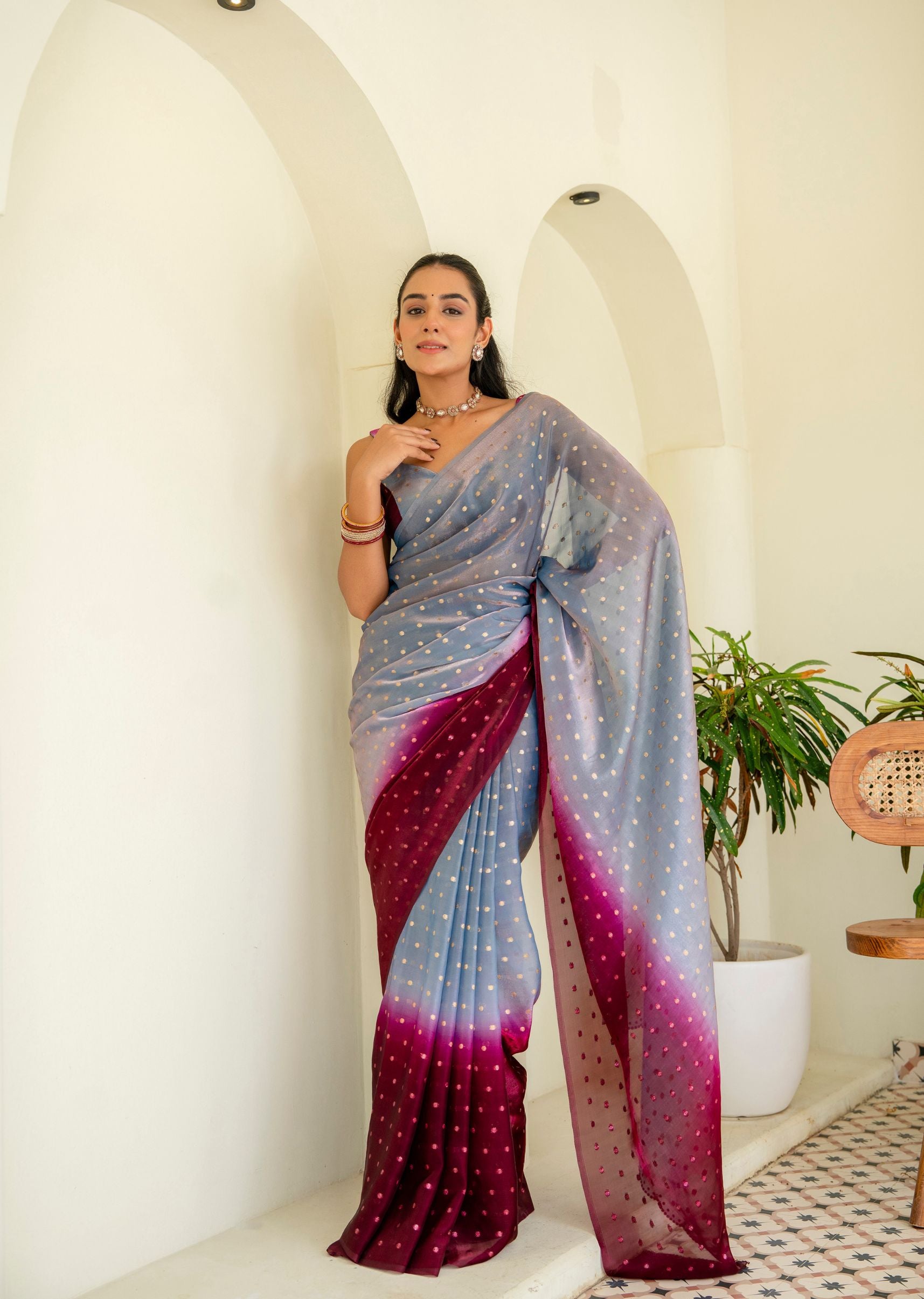 Royal Wine Grey Organza Silk Saree Outdoor Styled Pose - Festive Wear Saree