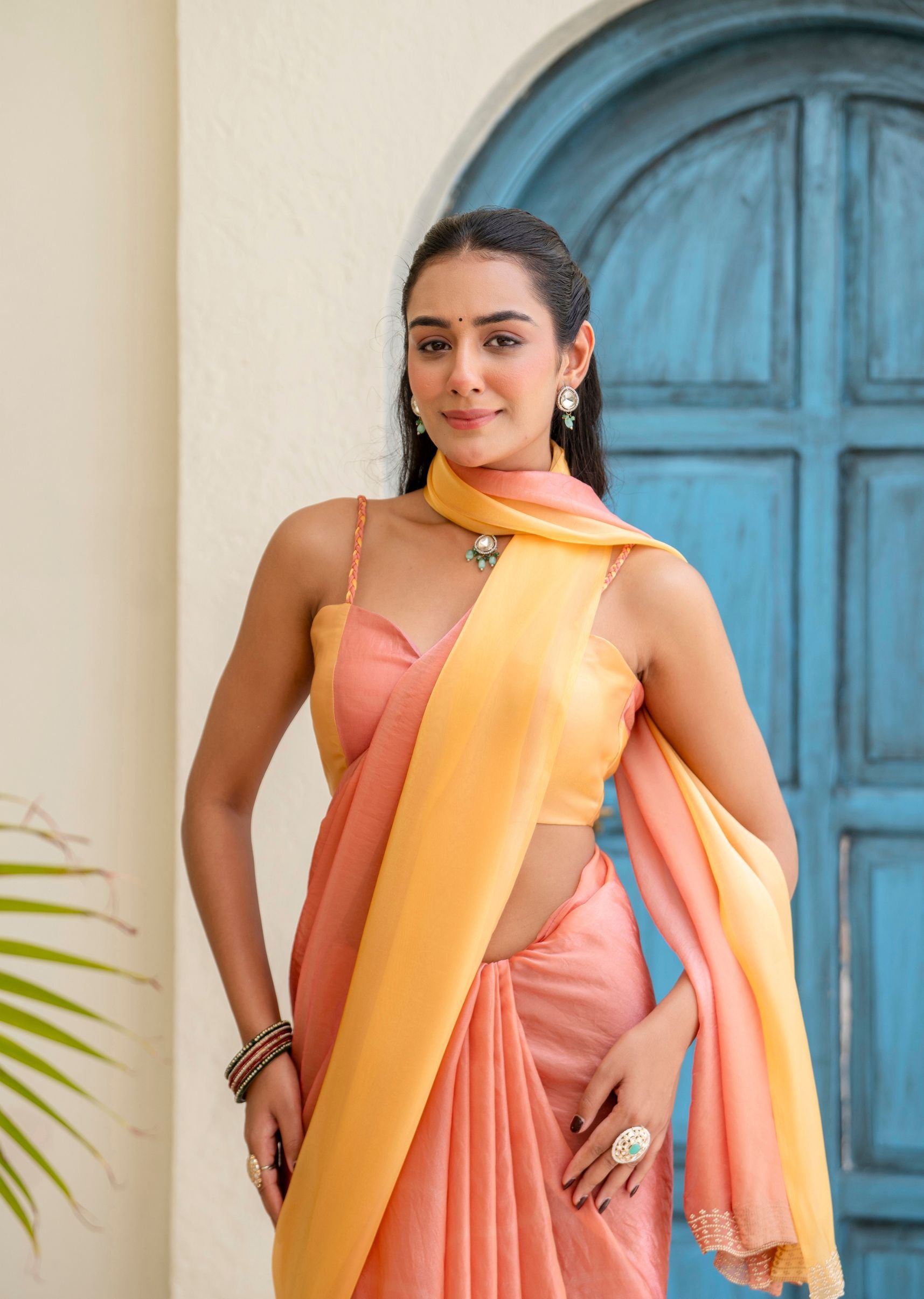 Peach Orange Organza Saree Draped Look - Festive Wear Saree