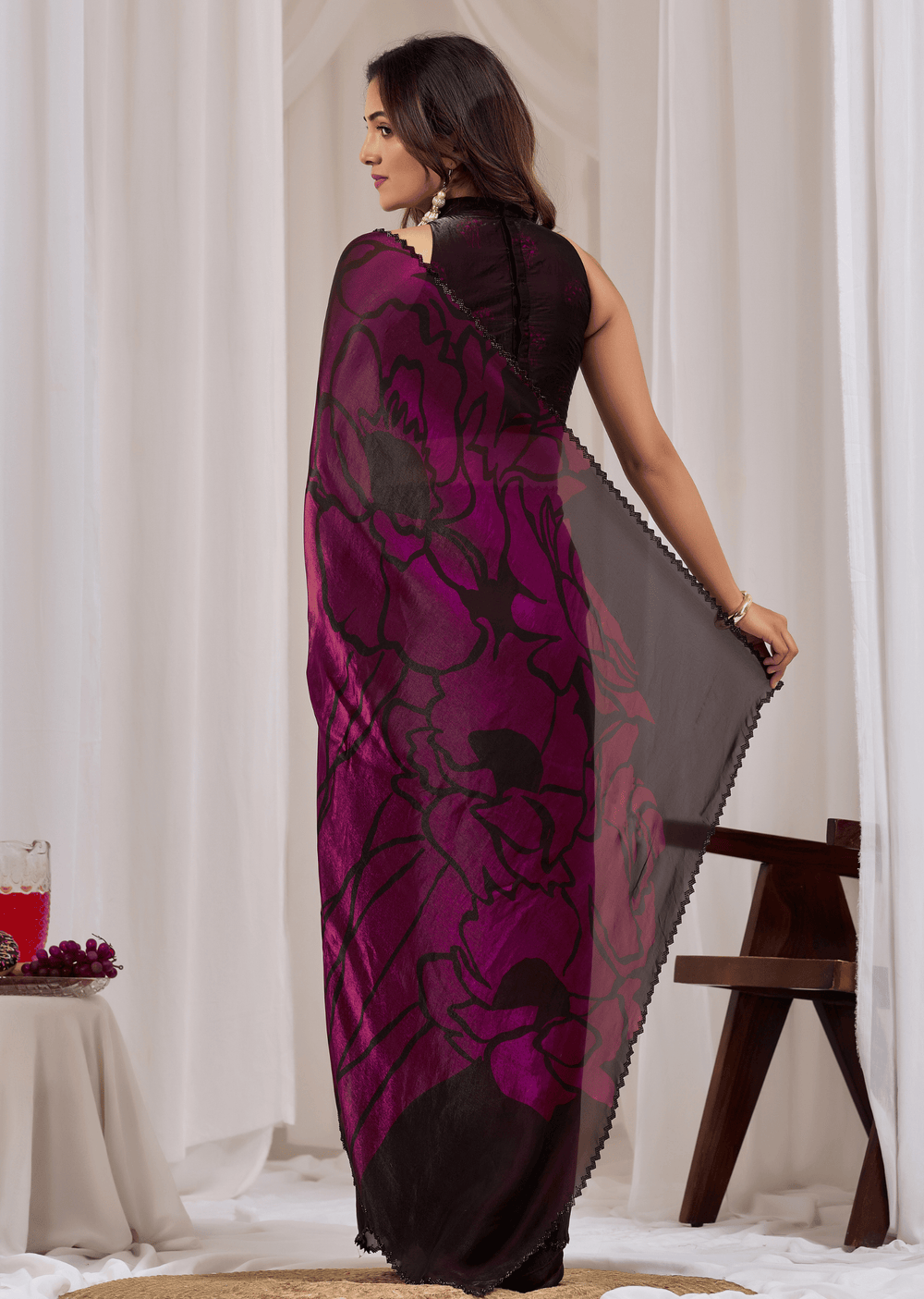 Wine Organza Saree Back Pose - Floral Print Detail
