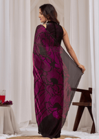 Wine Organza Saree Back Pose - Floral Print Detail