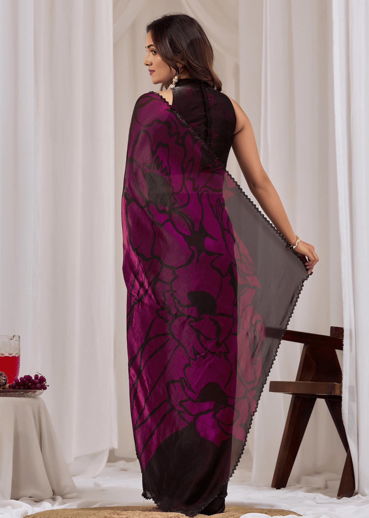 Wine Organza Saree Back Pose - Floral Print Detail