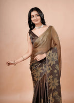 Coffee Brown Organza Silk Saree With Oversized Floral Print