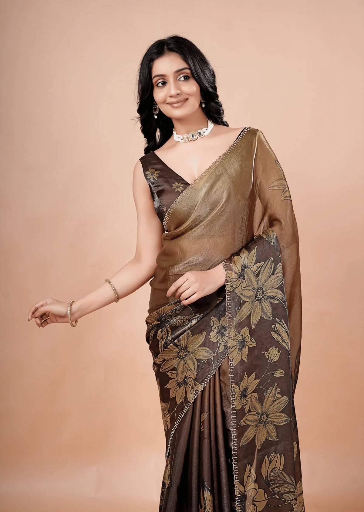 Coffee Brown Organza Silk Saree With Oversized Floral Print