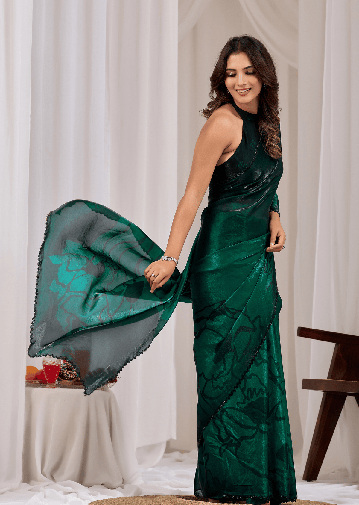 Green Organza Saree Blouse Close Up - Stone Border Detailing