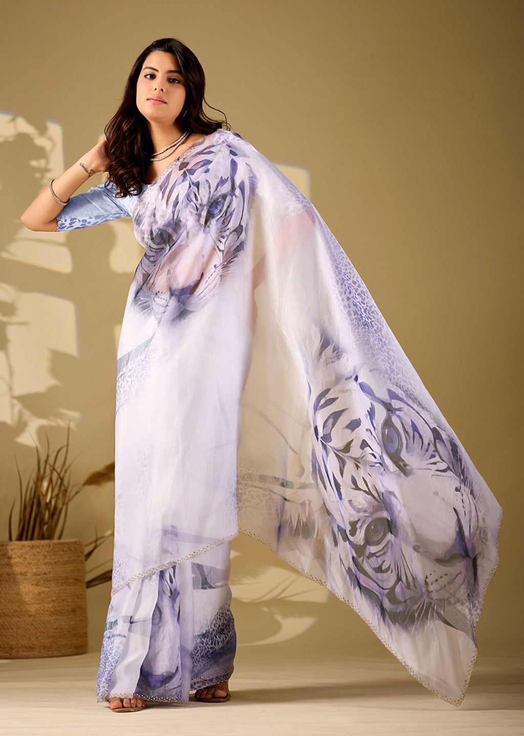 Blue Tiger Printed Italian Silk Saree With Pearl Border - Photo 8 | Buy Online Ethnic9