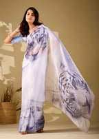 Blue Tiger Printed Italian Silk Saree With Pearl Border - Photo 8 | Buy Online Ethnic9