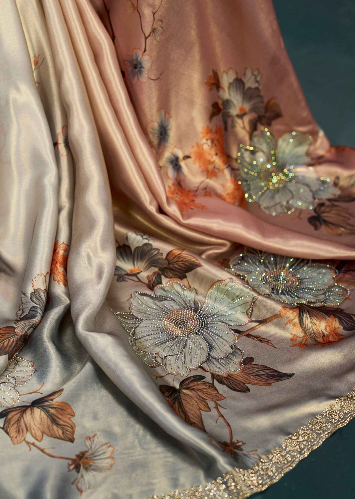 Orange Ombre Floral Printed Satin Silk Saree With Embellished Border