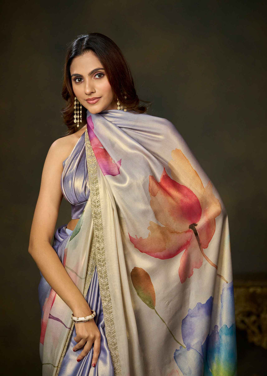 Purple Ombre Floral Printed Satin Silk Saree With Embellished Border