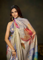 Purple Ombre Floral Printed Satin Silk Saree With Embellished Border