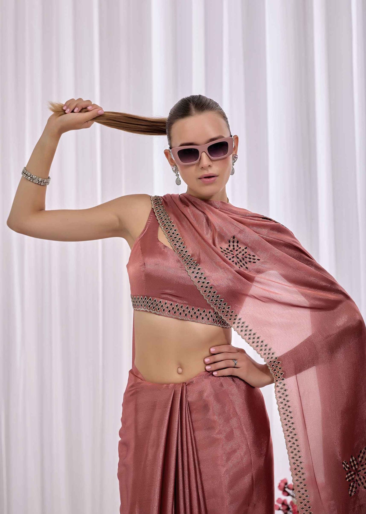 Pink Italian Silk Saree With Diamond Pattern Border And Bead Motifs