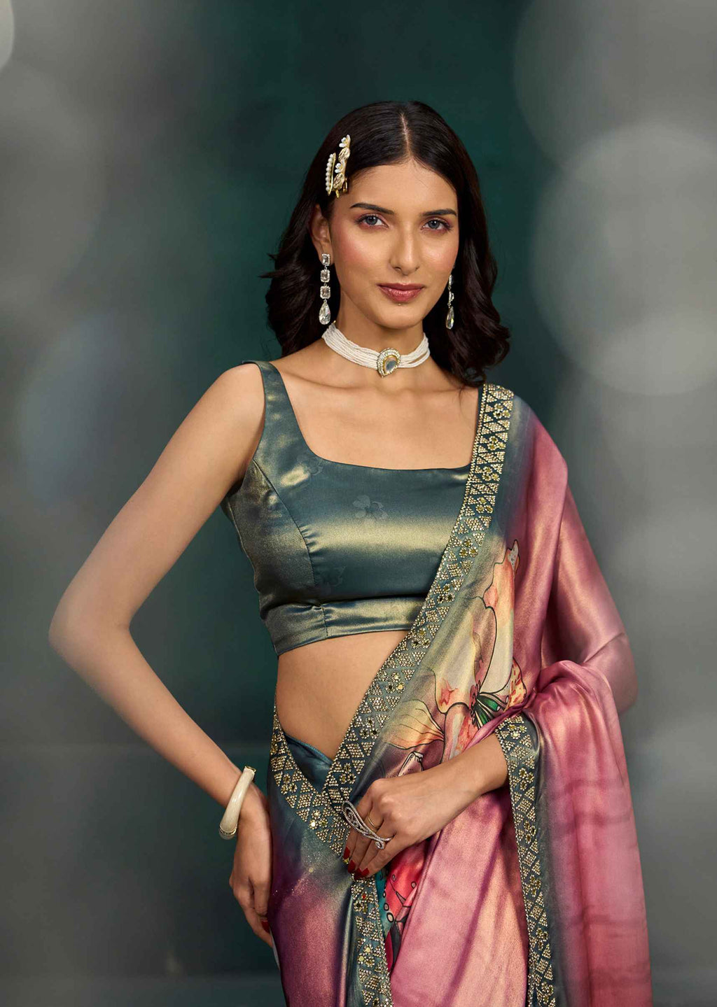 Pink Ombre Floral Printed Satin Silk Saree With Embellished Border