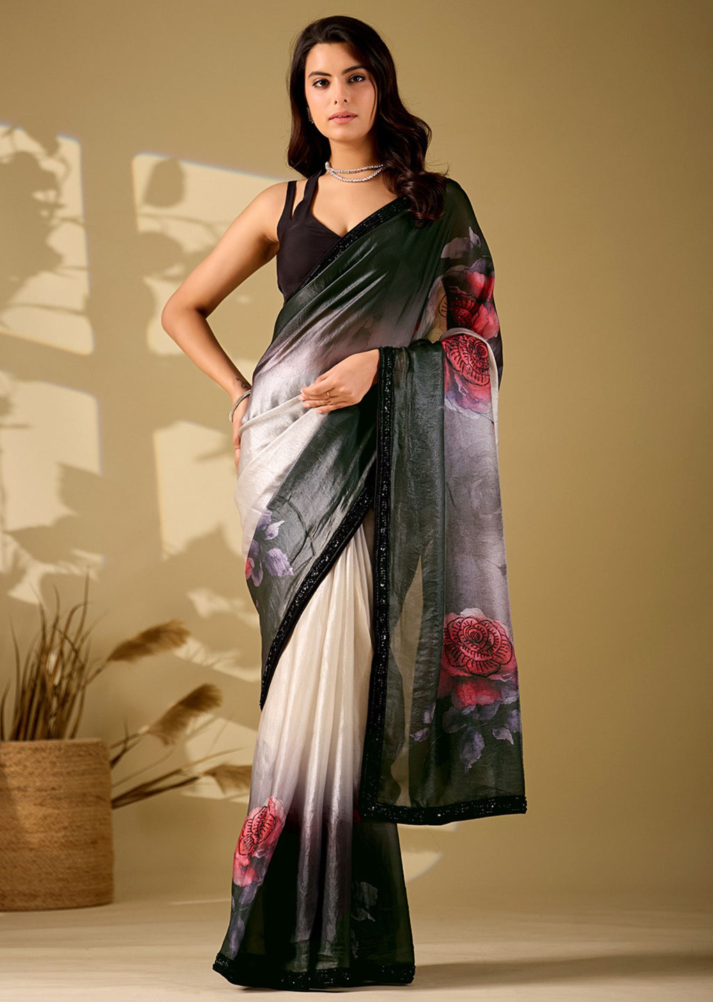 black ombre floral printed italian silk saree front pose