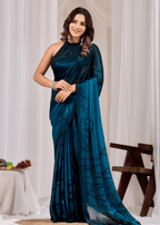 Royal Blue Organza Saree With Floral Print - Front Look | Buy On Ethnic9