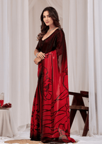 Cherry Red Organza Saree With Floral Print - Front Look | Buy On Ethnic9