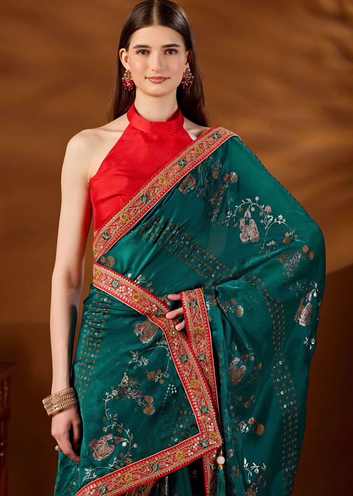 Firozi Art Silk Saree Zari Peacock Floral Jaal - Close Up Pose