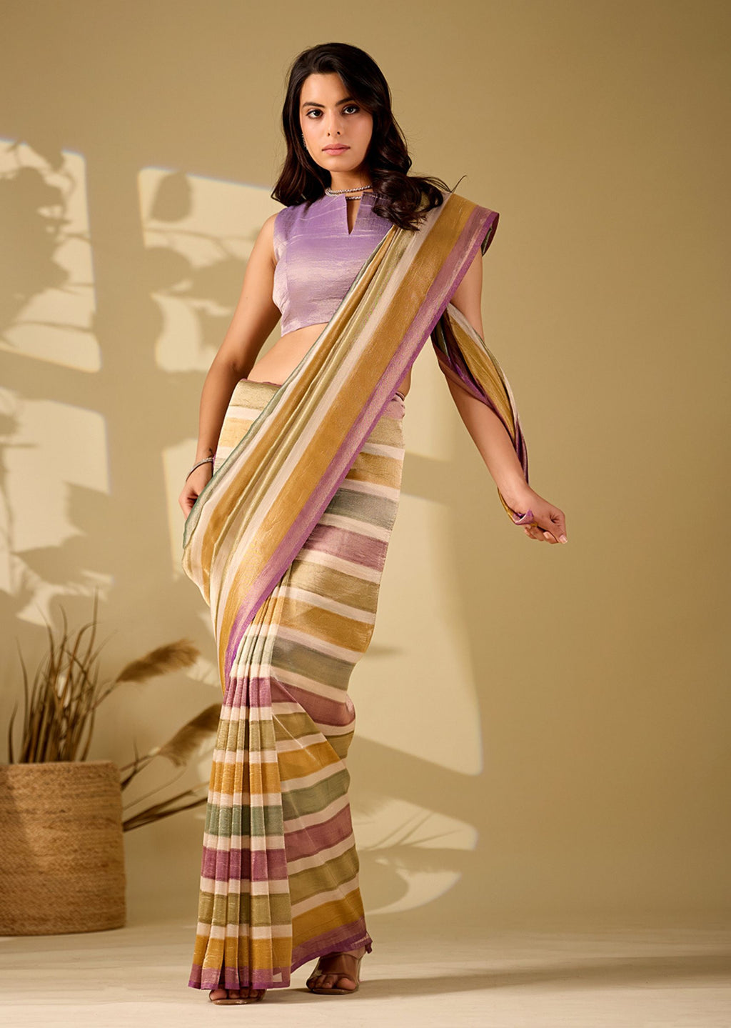 purple multicolor striped tissue silk saree full front pose