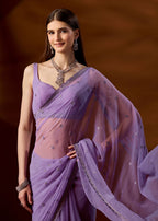 Lavender Purple Chiffon Saree Draped Pose - Festive Wear Saree